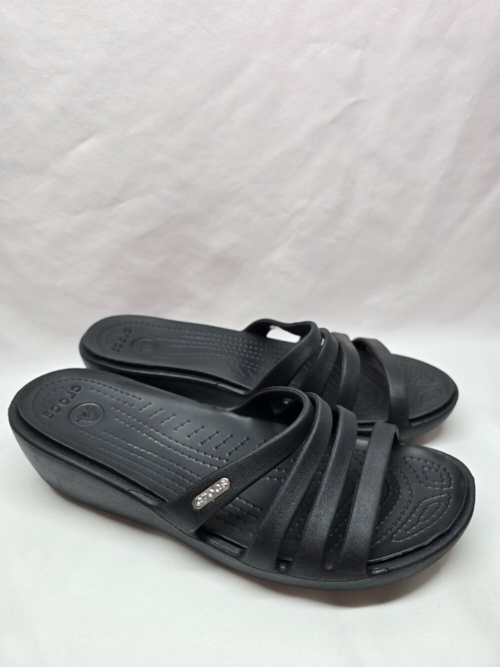 Crocs Rhonda Wedge Sandals Womens Size 9 Black Four Strap Slide Strappy Shoes